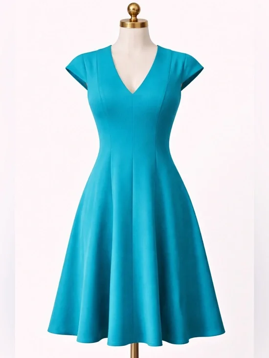 Black Halo Teal Fit & Flare Dress V Neck Cap Sleeve Size 8 USA - Picture 3 of 10